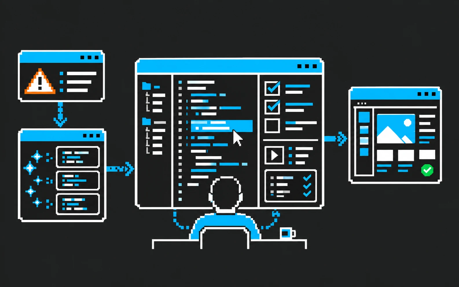 Пиксельная схема совместной работы разработчика и AI при написании и проверке кода