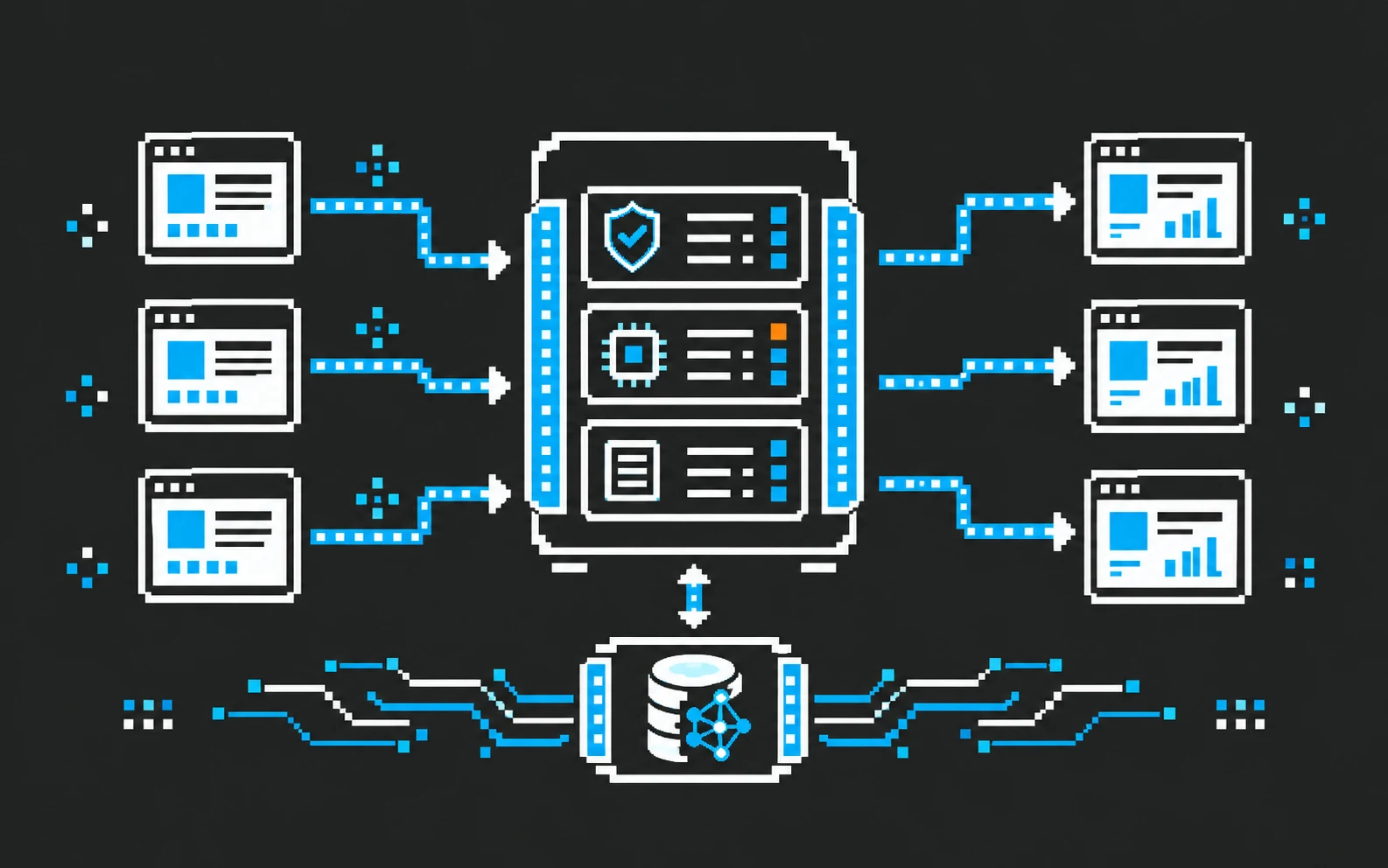 Пиксельная схема AI-сервиса на Python: запрос проходит через FastAPI к модели и возвращает prediction