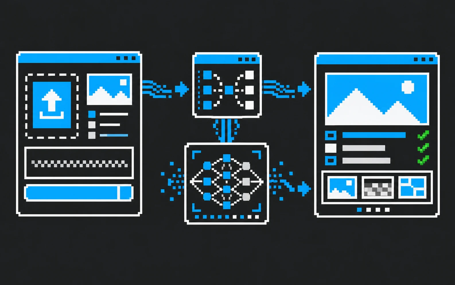 Пиксельная схема связи интерфейса, Backend, API и AI-модели в веб-приложении