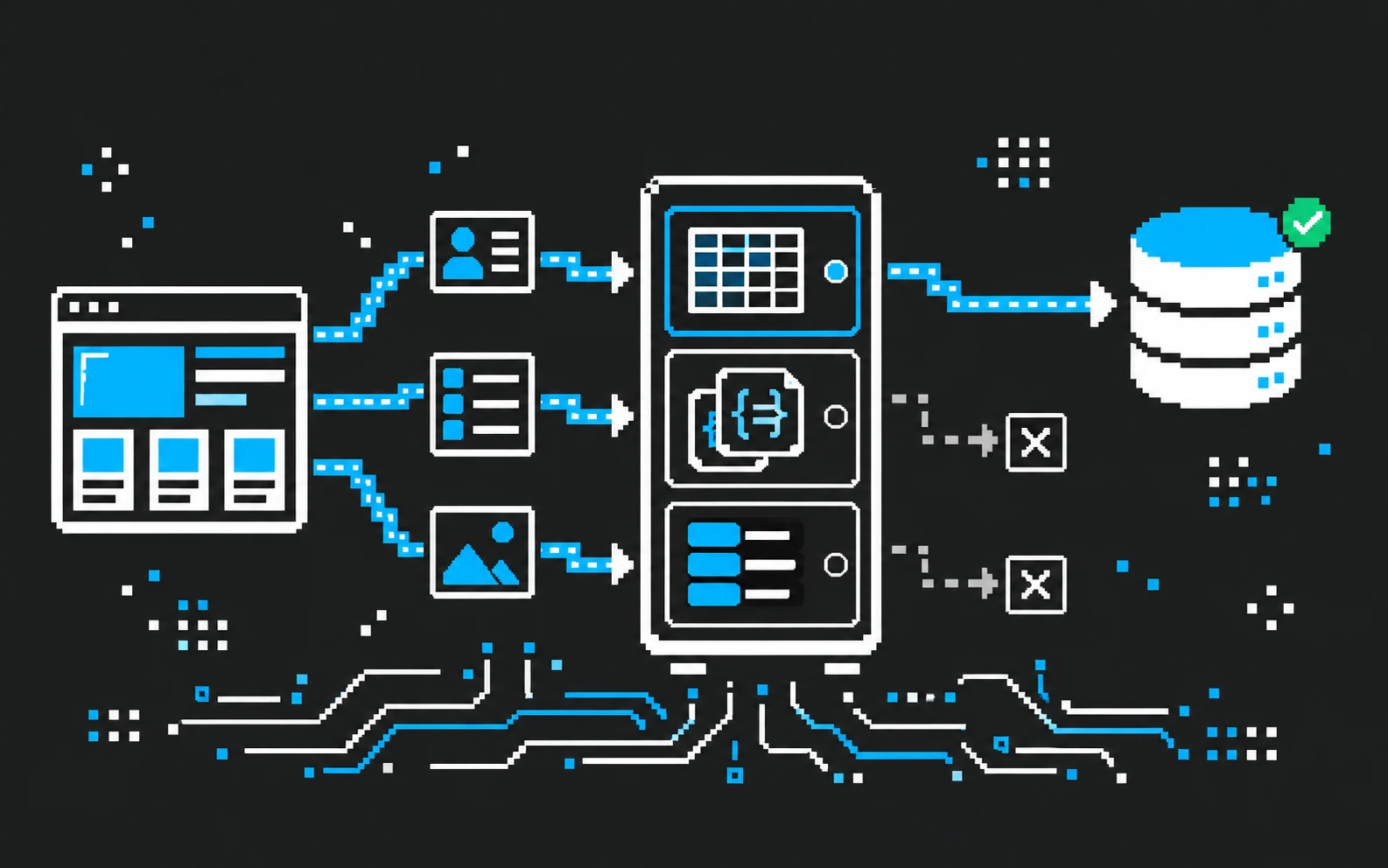 Пиксельная схема выбора базы данных для веб-приложения между SQL, PostgreSQL и другими вариантами хранения