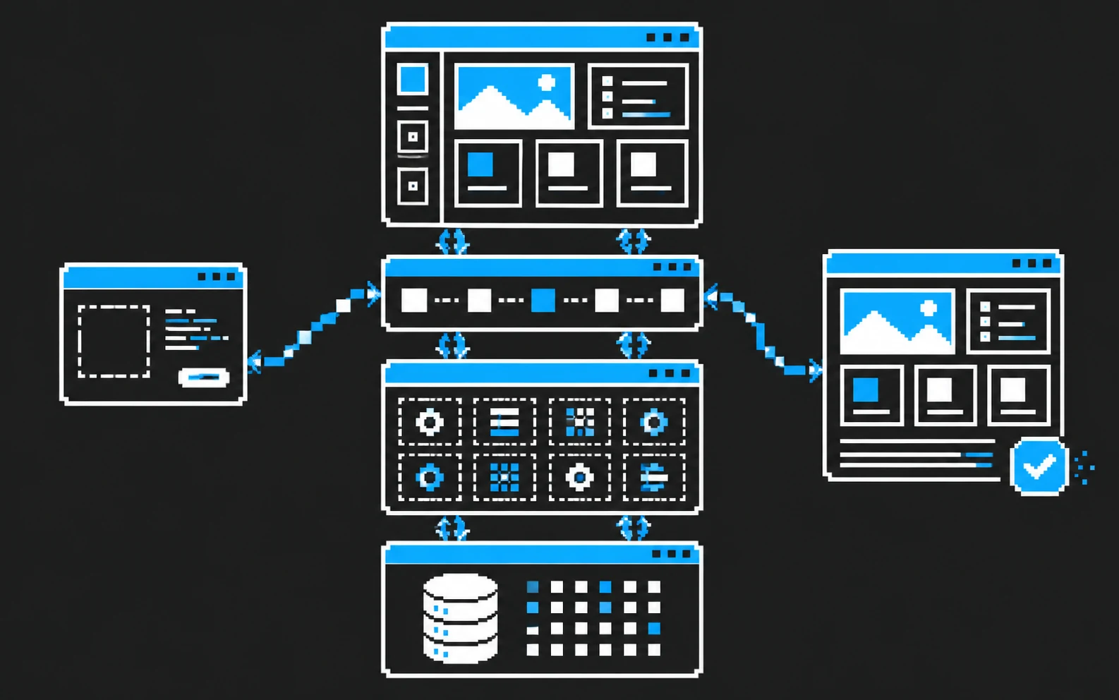Пиксельная схема полного цикла Full Stack разработки от интерфейса к серверу и готовому приложению