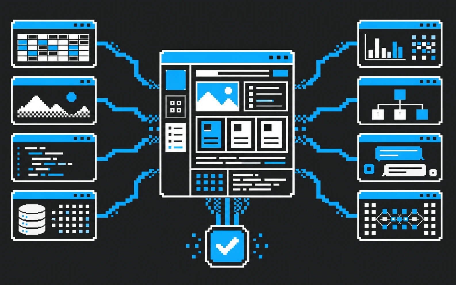 Пиксельная схема объединения Frontend, Backend, AI и данных в единый IT-продукт